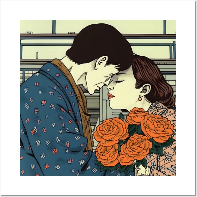 Cartoon Couple Kissing and holding Flowers Wall Art by KOTYA